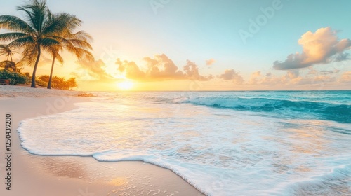 Tropical Paradise: Golden Sunrise on a Serene Beach with Palm Trees