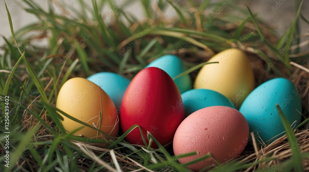 Fototapeta premium Colorful Easter eggs in a grassy nest with a prominent focus on a vibrant red egg surrounded by blue, yellow, and pink eggs.