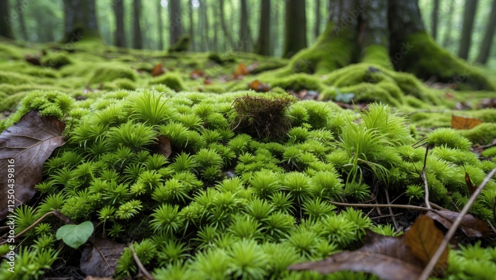 Lush green moss carpet covering the forest floor with soft textures and scattered leaves creating a tranquil natural atmosphere Lush green moss carpet covering the forest floor with soft textures and scattered leaves creating a tranquil natural atmosphere