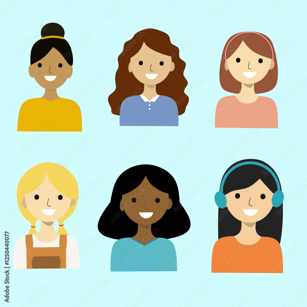Collection of women flat character. Set of female icon from different races. Hand drawn design vector illustration Collection of women flat character. Set of female icon from different races. Hand drawn design vector illustration