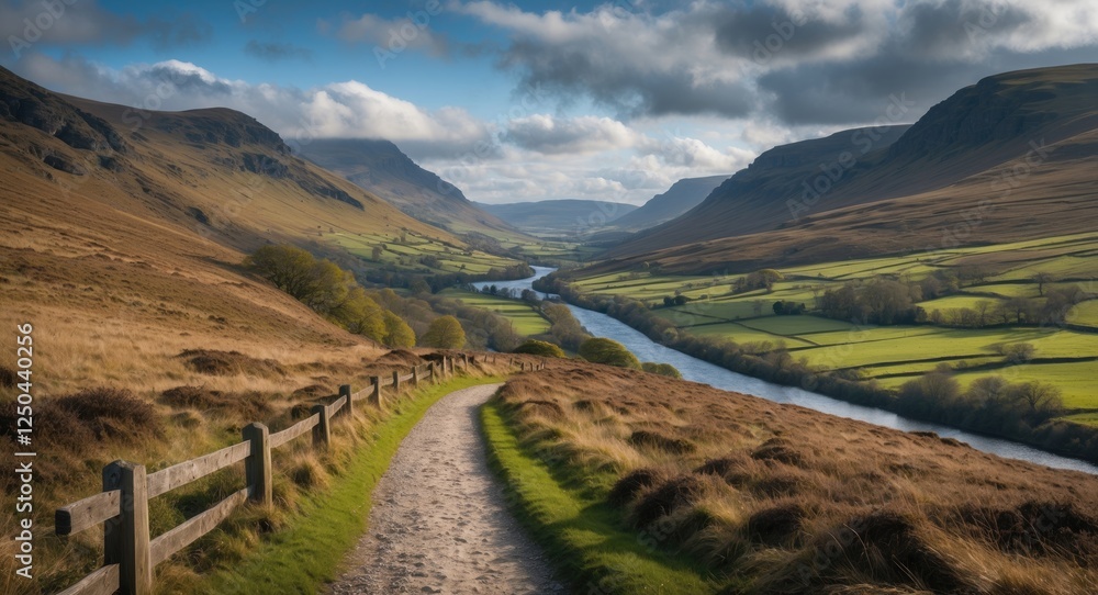 Naklejka premium Scenic Landscape of River Valley with Rolling Hills and Pathway Under Dramatic Cloudy Sky in Highland Region