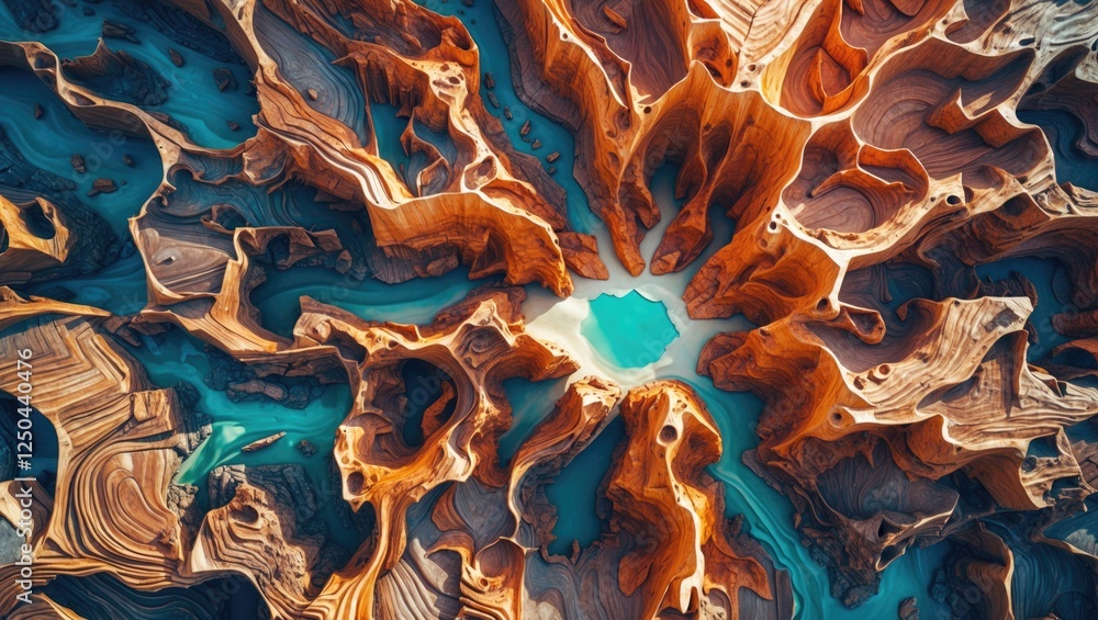 Obraz premium Aerial view of colorful rock formations and water features showcasing intricate patterns and textures in a natural landscape.