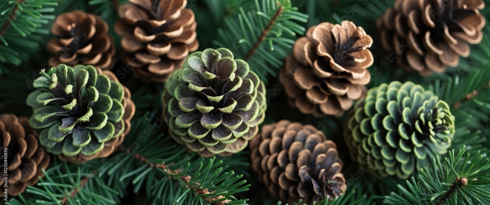 Fototapeta premium Green and brown fir cones arranged among fresh evergreen branches showcasing natural textures and colors for seasonal decor and crafts.