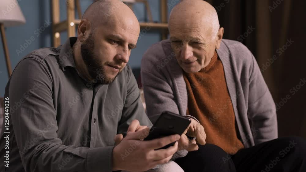 Millennial son with older father watch new application on smartphone child helps and teaches old dad modern tech usage Millennial son with older father watch new application on smartphone child helps and teaches old dad modern tech usage