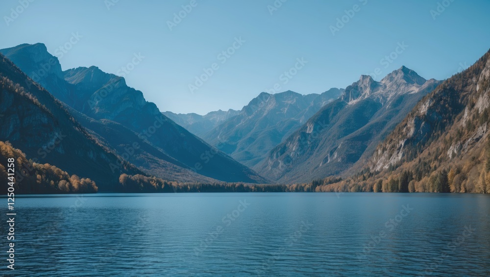 Obraz premium Tranquil lake reflecting stunning mountain range under a clear blue sky surrounded by lush greenery and serene natural beauty.