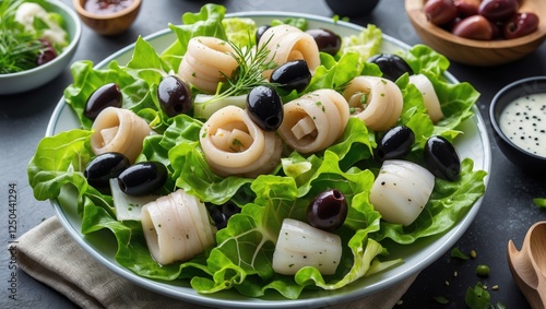 Fresh Squid Salad with Green Leaf Lettuce and Black Olives garnished with herbs on a stylish plate for a gourmet presentation photo