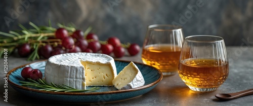 Traditional Georgian sulguni cheese elegantly paired with amber wine on a ceramic plate, surrounded by grapes and textured glasses. photo