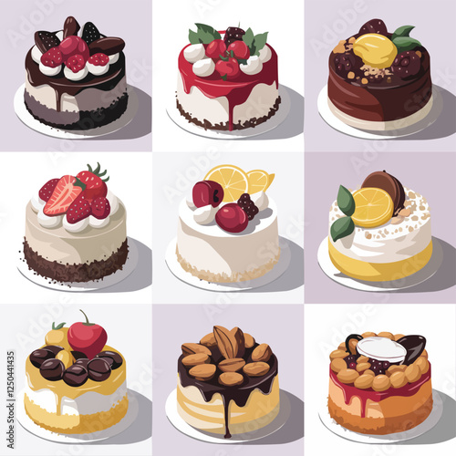 A 3x3 Grid of Nine Delightful Cakes with Exquisite Toppings