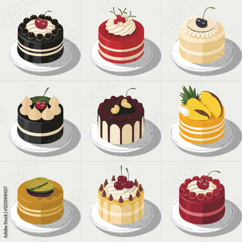 A 3x3 Grid of Nine Elegant Cakes with Signature Designs
