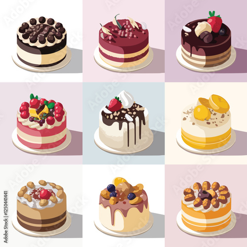 A 3x3 Grid of Nine Elegant Cakes with Luxurious Flavors