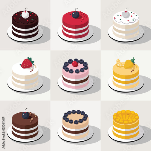 A 3x3 Grid of Nine Sumptuous Cakes with Unique Toppings