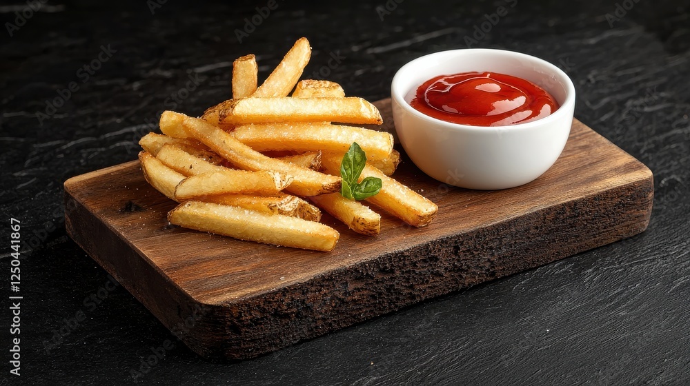 Crispy golden French fries served on a wooden board with a small bowl of ketchup, garnished with a sprig of fresh herb. Crispy golden French fries served on a wooden board with a small bowl of ketchup, garnished with a sprig of fresh herb.