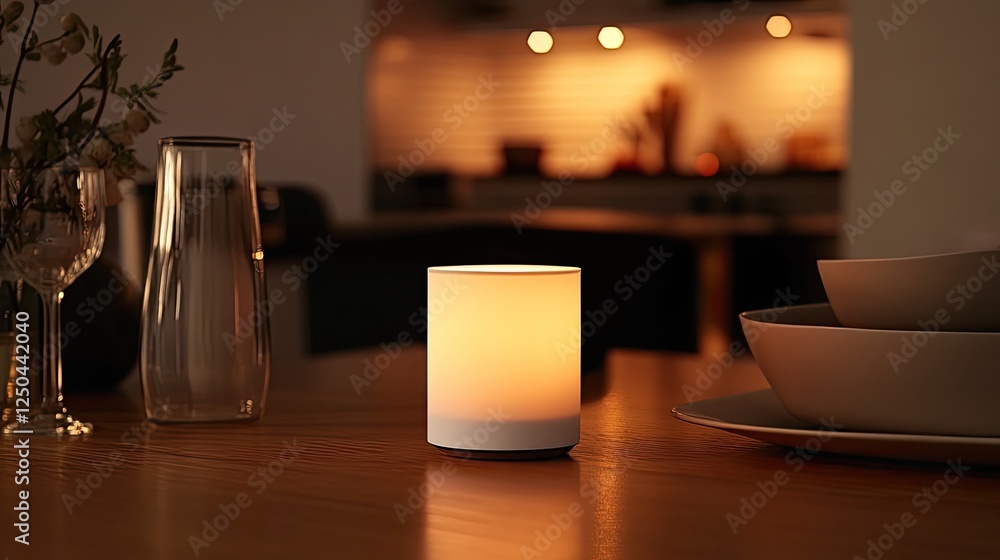 Warm Ambient Lighting: A Modern Table Lamp Illuminates a Cozy Dining Scene Warm Ambient Lighting: A Modern Table Lamp Illuminates a Cozy Dining Scene