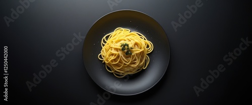 Fototapeta Naklejka Na Ścianę i Meble -  Elegant plate of yellow cooked pasta garnished with herbs on a sleek black background showcasing culinary aesthetics and gourmet presentation.