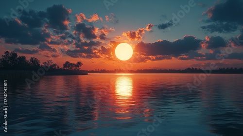A vibrant sunset over a calm ocean, reflecting colorful clouds and serene waters.