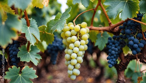 Wallpaper Mural Vibrant vineyard scene showcasing ripe white grapes nestled among lush green leaves and dark purple grape clusters. Torontodigital.ca