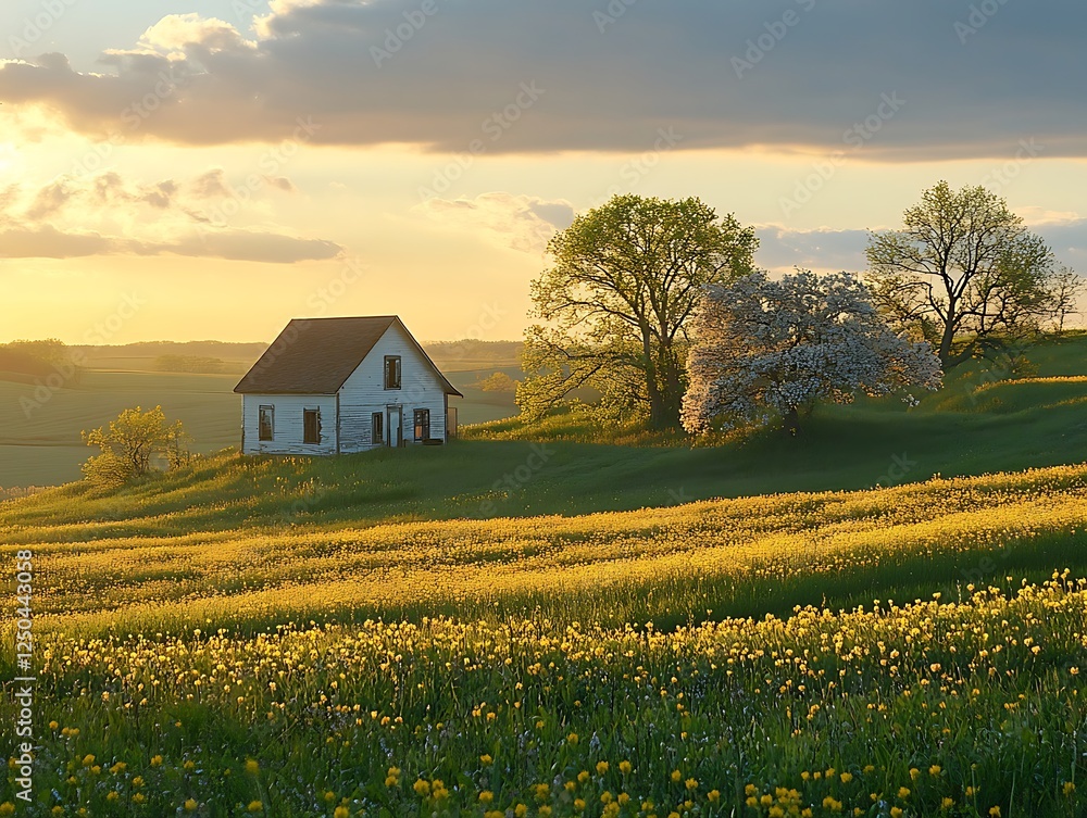 Sunset Farmhouse, Countryside, Blooming Fields Sunset Farmhouse, Countryside, Blooming Fields