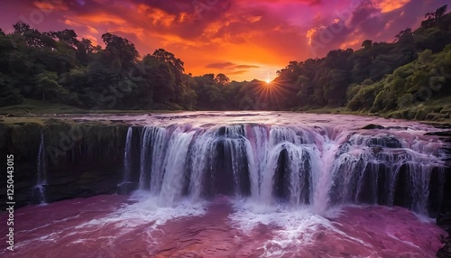 Dramatic sunset over a waterfall with the orange sky reflecting on the water surface and creating a stunning contrast © Atizaz 
