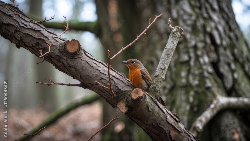 Macro shot of a robin perched on a cut tree branch in a serene forest setting featuring blurred natural background elements. Macro shot of a robin perched on a cut tree branch in a serene forest setting featuring blurred natural background elements.