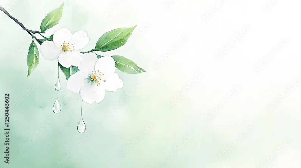 Delicate white flowers with water droplets on a branch against a soft green background
