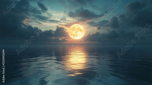 A vibrant sunset over a calm ocean, reflecting colorful clouds and serene waters.