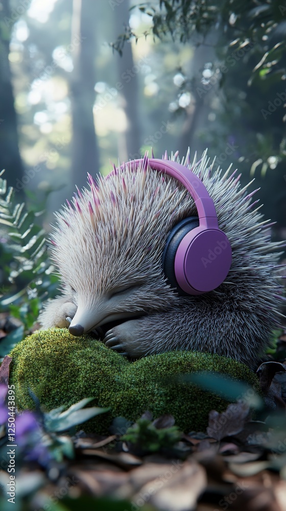 Adorable Hedgehog Napping with Lavender Headphones in a Forest Adorable Hedgehog Napping with Lavender Headphones in a Forest