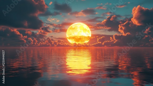A vibrant sunset over a calm ocean, reflecting colorful clouds and serene waters.