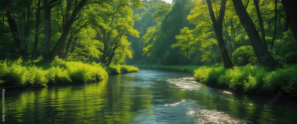 Serene river landscape with lush greenery and sunlight filtering through trees in a tranquil forest setting. Serene river landscape with lush greenery and sunlight filtering through trees in a tranquil forest setting.