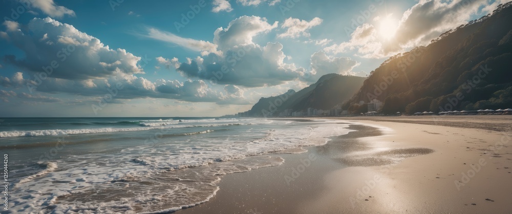Naklejka premium Scenic Beach Landscape Under Bright Skies With Gentle Waves Ideal For Text Overlay And Summer Themes