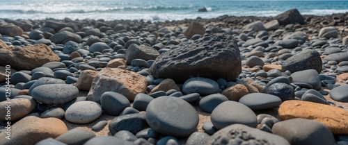 Close up of smooth stones and pebbles scattered along a tranquil beach in Maui with gentle ocean waves in the background.
