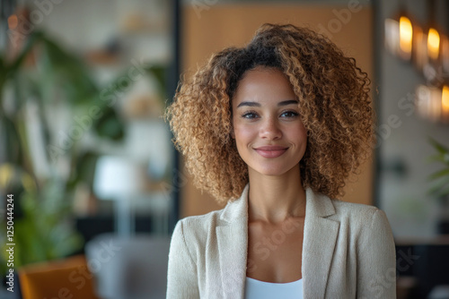 Woman with curly hair smiling at camera.