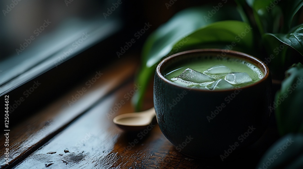 Iced Matcha Green Tea In Dark Wooden Table Iced Matcha Green Tea In Dark Wooden Table