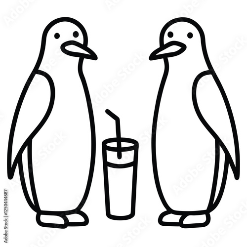 minimalistic black line-art illustration of two penguins standing together