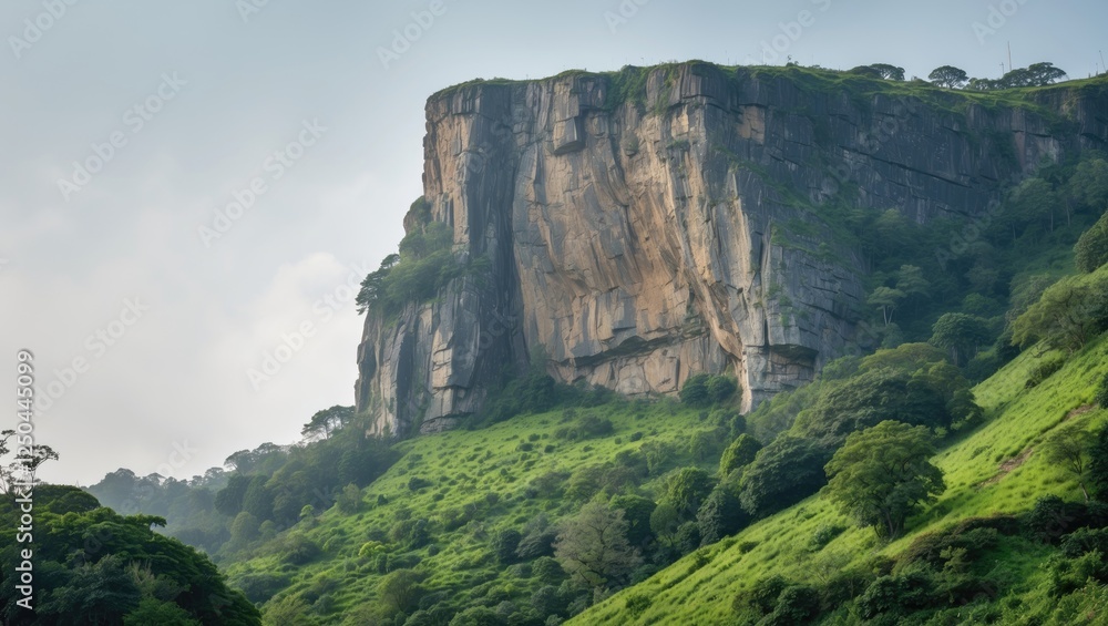 Majestic rocky cliff towering over a vibrant green hillside rich with diverse plants and trees under a cloudy sky. Majestic rocky cliff towering over a vibrant green hillside rich with diverse plants and trees under a cloudy sky.