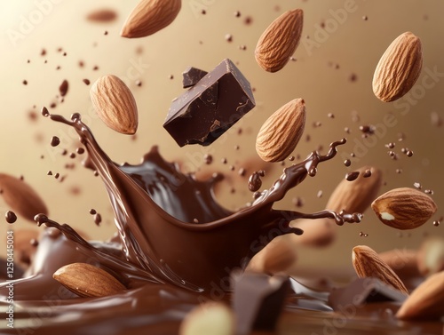 Melted Chocolate Bar and Almonds Blended Together, Creating Splashes of Almond Chocolate Liquid. photo