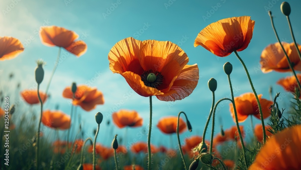 Fototapeta premium Vibrant Orange Poppies Under Clear Blue Sky in Full Bloom Natural Landscape Background