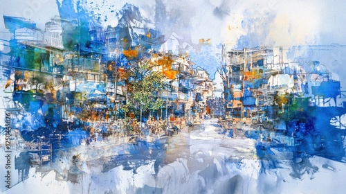 Artistic City Street Scene, Vietnam, Busy Day, Watercolor Style, Travel Poster