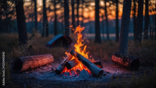 Burning Campfire Surrounded By Logs At Sunset In Tranquil Forest Setting photo