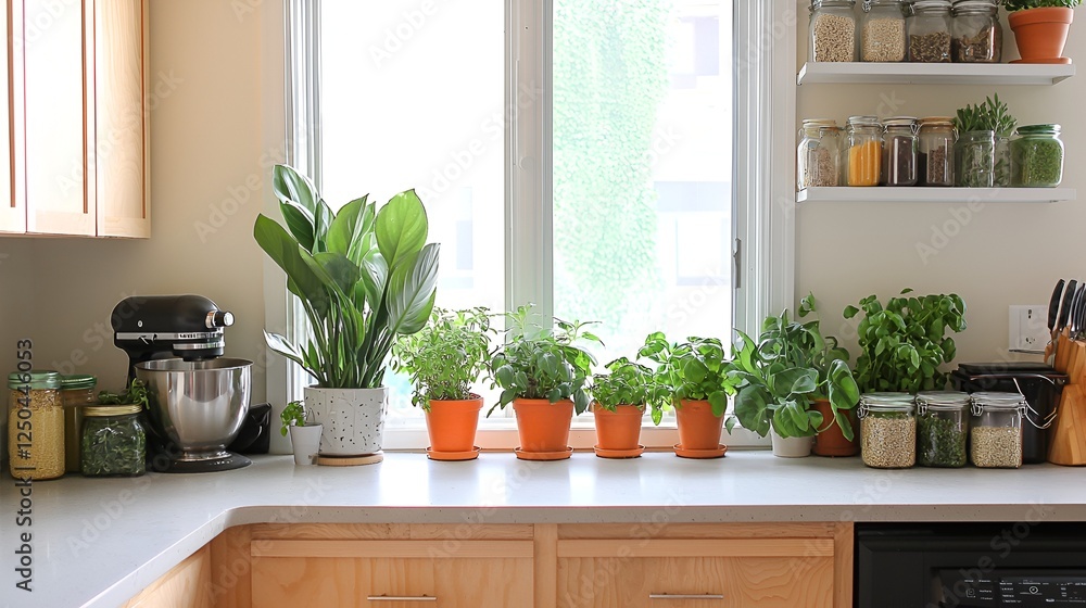 Kitchen countertop with herbs and plants by window; showcasing a bright, organized space, suitable for a lifestyle or home decor photo Kitchen countertop with herbs and plants by window; showcasing a bright, organized space, suitable for a lifestyle or home decor photo