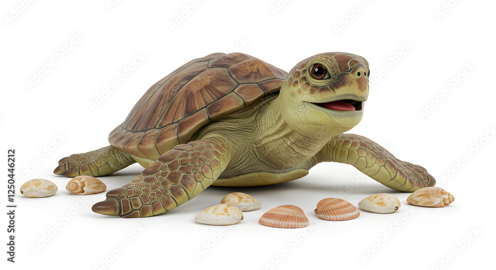 Naklejka premium Adorable Sea Turtle with Seashells 3D Render
