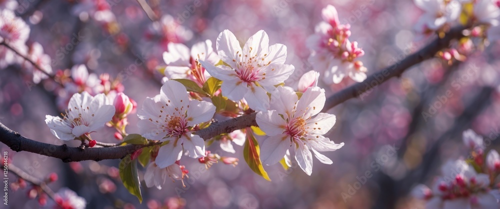 Delicate white cherry blossom flowers on a branch illuminated by soft sunlight in a serene spring setting.