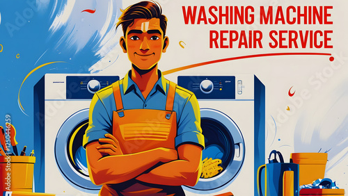 An Indian machinic is on the background ready to repair washing machines      photo