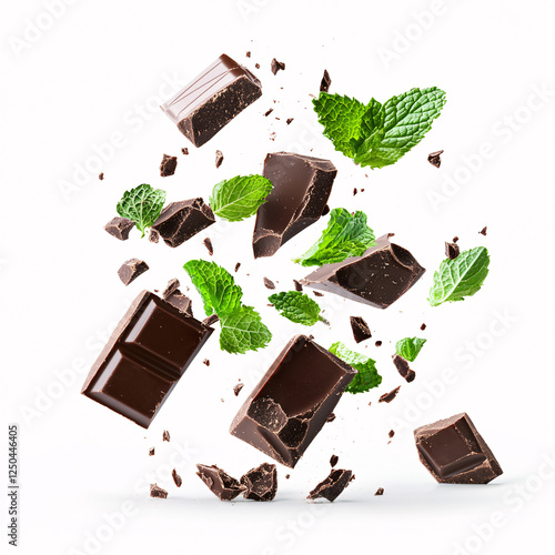 chocolate mint explosion falling on white background