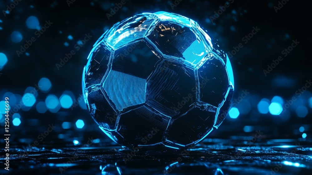 Naklejka premium Futuristic Glowing Soccer Ball - A close-up of a futuristic glowing soccer ball, illuminated with bright blue light, on a dark reflective surface.