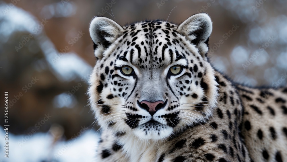 Snow leopard close-up showcasing detailed fur patterns and striking gaze in a snowy environment highlighting its natural beauty. Snow leopard close-up showcasing detailed fur patterns and striking gaze in a snowy environment highlighting its natural beauty.