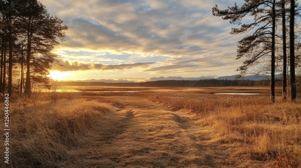 Sunrise over golden marsh, mountain backdrop, peaceful path