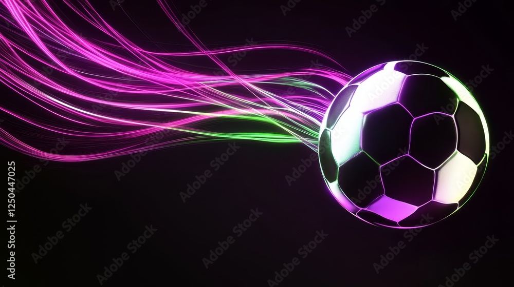 Naklejka premium Futuristic Neon Soccer Ball Silhouette - Dynamic soccer ball design, neon glow, abstract speed, futuristic sport, vibrant energy.