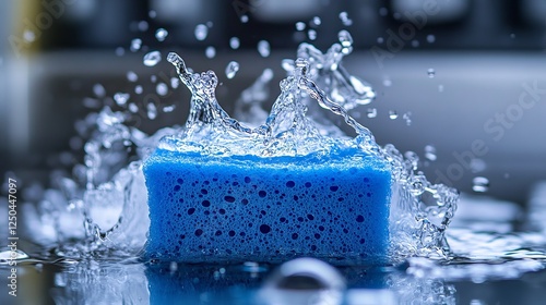 Blue Sponge Absorbing Water.