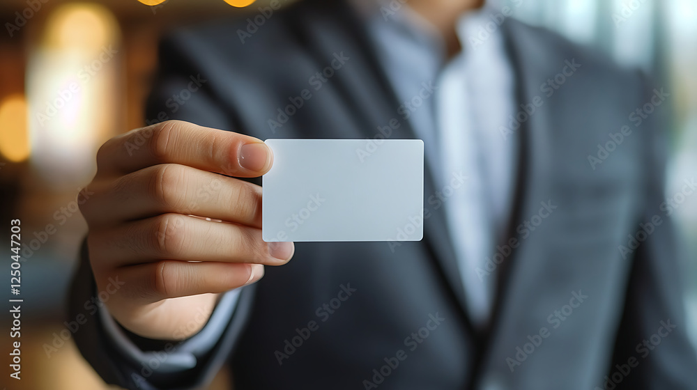 A man in a business suit, showing a blank business card to the camera, mockup. high resolution AI Generative image A man in a business suit, showing a blank business card to the camera, mockup. high resolution AI Generative image