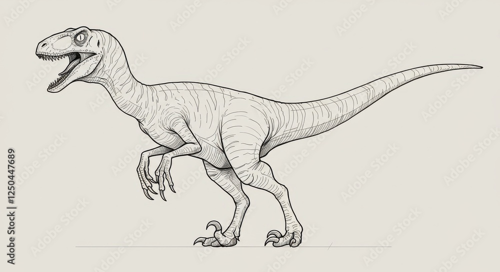 Dinosaur sketch, Velociraptor illustration, black and white line drawing, prehistoric creature, detailed dinosaur anatomy, sharp claws, long tail, bipedal stance